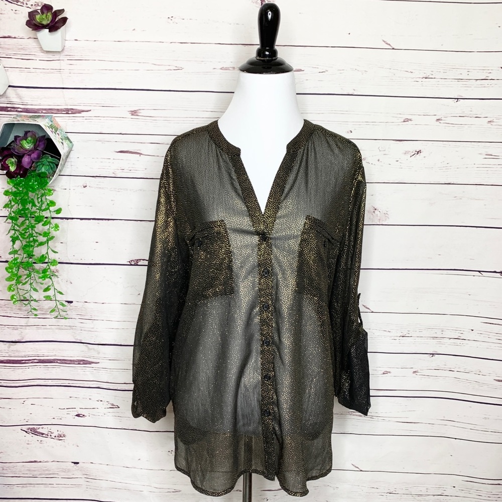 Vintage Sheer Black & Gold Metallic Button Up Blouse Top Size Petite Large